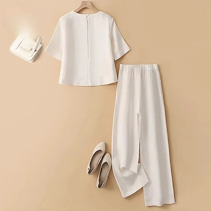 Women Casual Summer Linen Short Sleeve Top High Waist Wide Leg Pants Two Piece Set Daily Outdoor Wear S-XXL