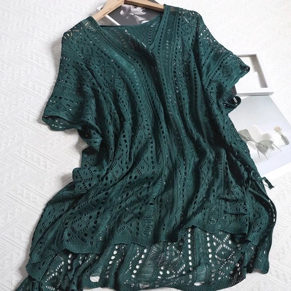 Oversized Hollow Out Swimsuit Cover Up Crochet Sweater Loose Knitted Bikini Cover Up Fishing Net V-neck Beach Wear Streetwear