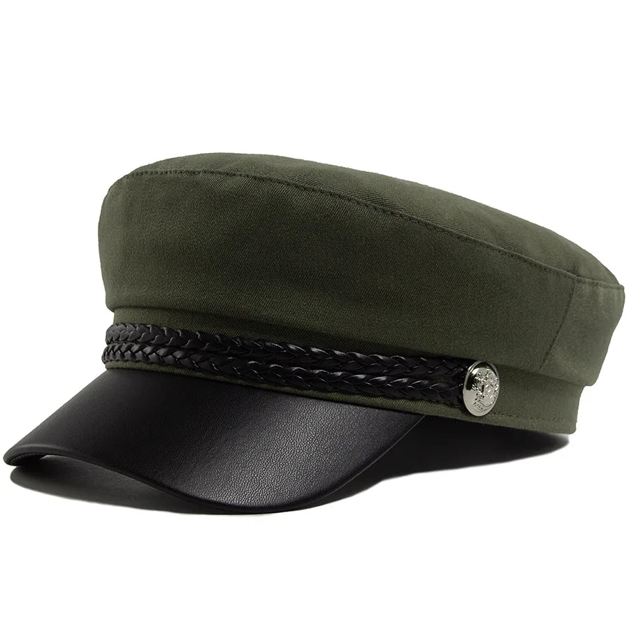 Flat Top Newsboy Cap Streetwear Women Vintage Sailor Cap Daily Wear British Style Cadet Cap PU Leather Brim Peaked Beret Travel