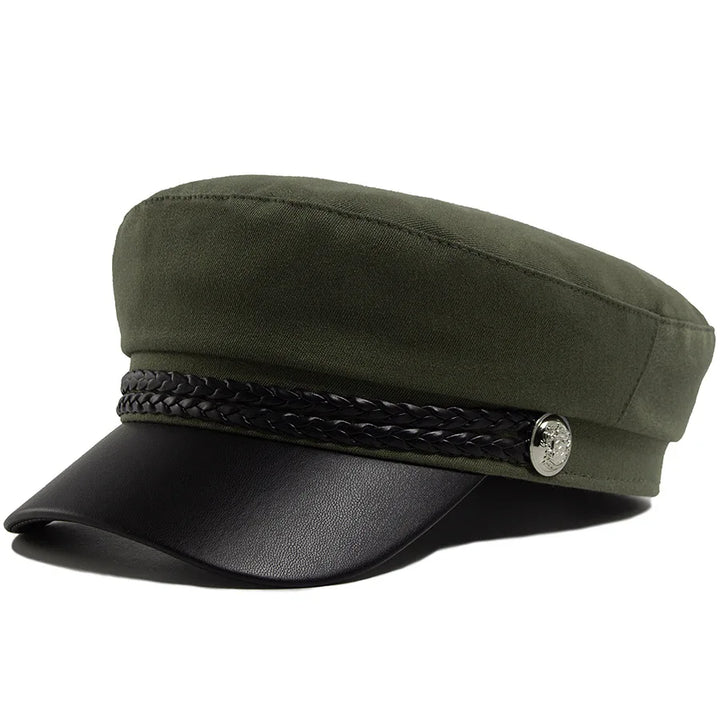 Flat Top Newsboy Cap Streetwear Women Vintage Sailor Cap Daily Wear British Style Cadet Cap PU Leather Brim Peaked Beret Travel