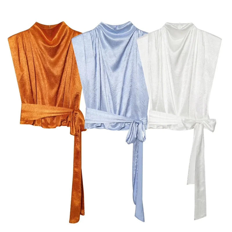 Satin Shawl Collar Sleeveless Crop Top, Women&