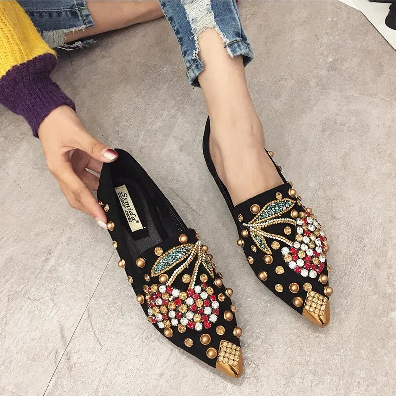 Woman Flats Loafers Shoes Rhinestone Crystal Loafers Ladies Casual Shoes for Women Pointed-Toe Flats Spring and Autumn Loafers