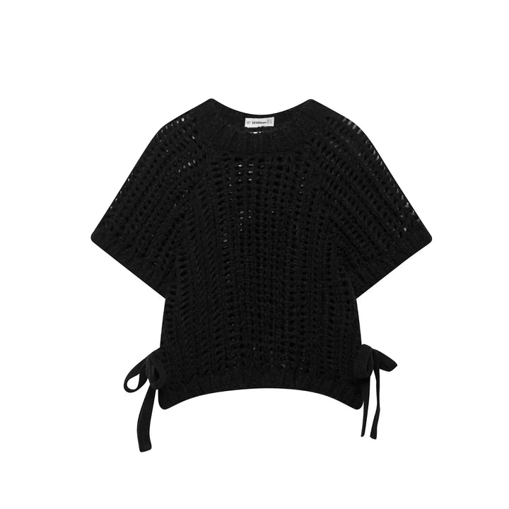 Hollow Out Knit Pullover Women Casual Round Neck Lace Up Bow Sweater Female Autumn Short Sleeves Solid Knitwears Lady