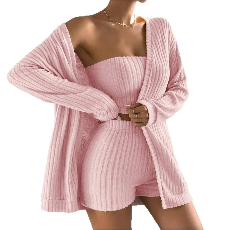 Cozy Brushed Ribbed Knit Women’s 3-Piece Loungewear Set, Long Sleeve Cardigan &amp; Bandeau Top &amp; Shorts, Soft Breathable Versatile