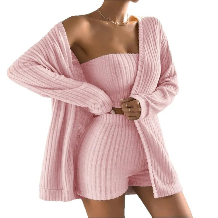 Cozy Brushed Ribbed Knit Women’s 3-Piece Loungewear Set, Long Sleeve Cardigan &amp; Bandeau Top &amp; Shorts, Soft Breathable Versatile