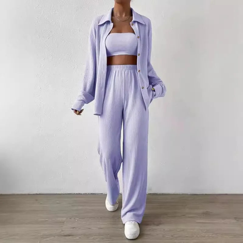 Women Linen 2 Piece Outfit Set Lapel Long Sleeve Button Down Shirt Elastic Waist Wide Leg Pants Casual Loose Matching Suit Vacat