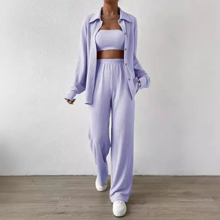 Women Linen 2 Piece Outfit Set Lapel Long Sleeve Button Down Shirt Elastic Waist Wide Leg Pants Casual Loose Matching Suit Vacat