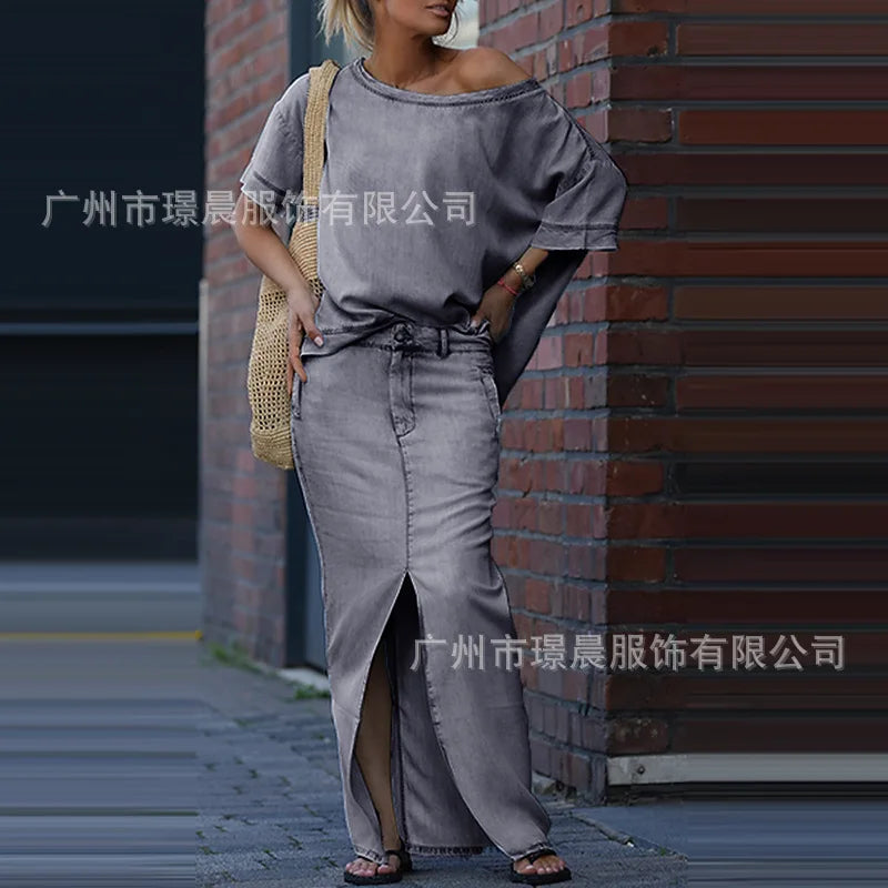Summer Maxi Skirt Sets Women 2025 Fashion Long Sleeve Loose Tees Tops 2 Pieces Set For Woman Elegant