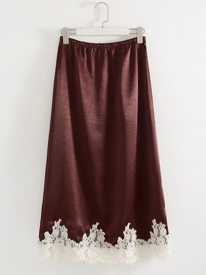 Streamgirl Midi Lace Satin Skirts Women Spring Summer High Waist Straight Burgundy Skirts With Lace For Women Office Wear Skirt