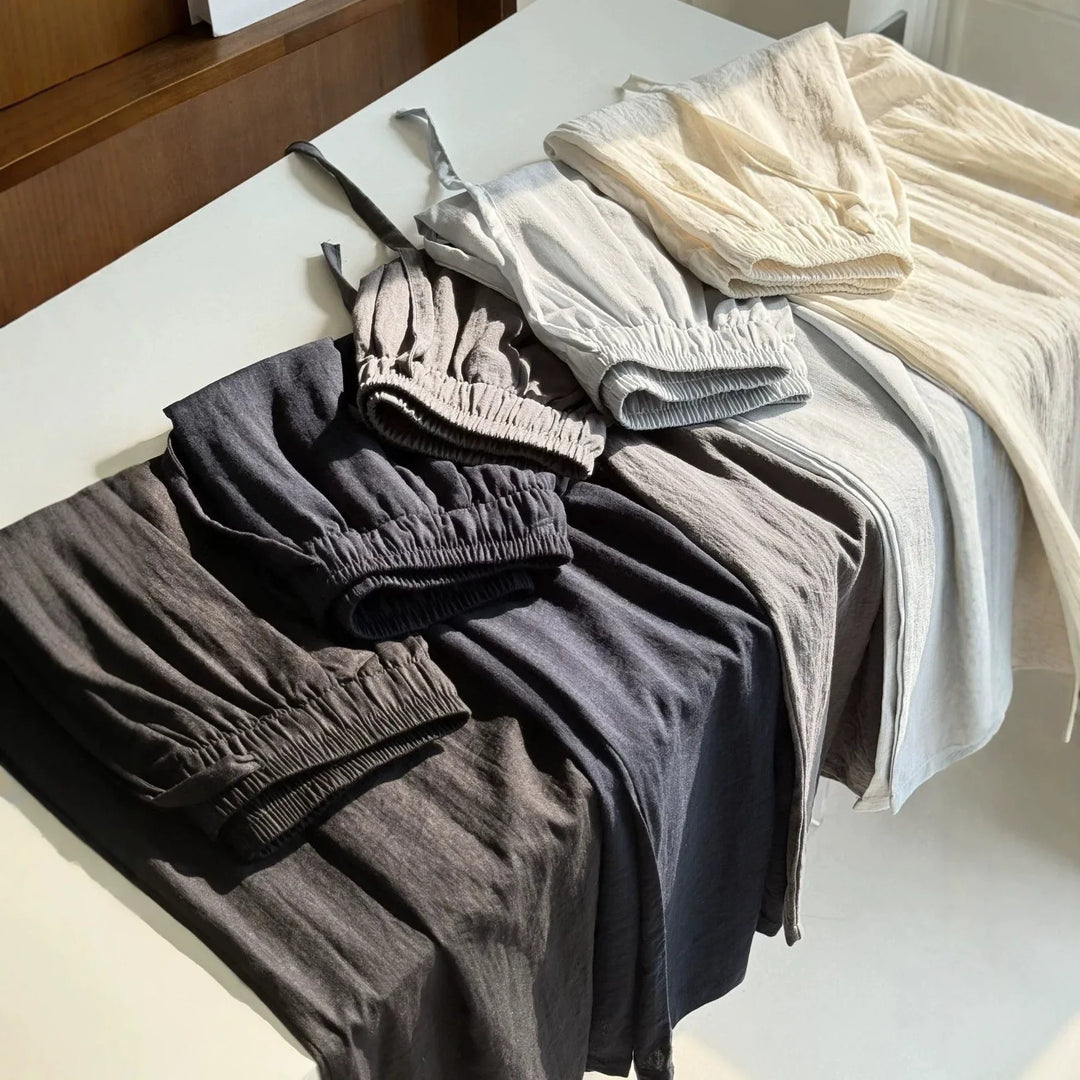 Linen Ice Silk Wide Leg Pants for Women Floor Length Curved Leg Casual with Safety Lining Fully Hemmed Trousers