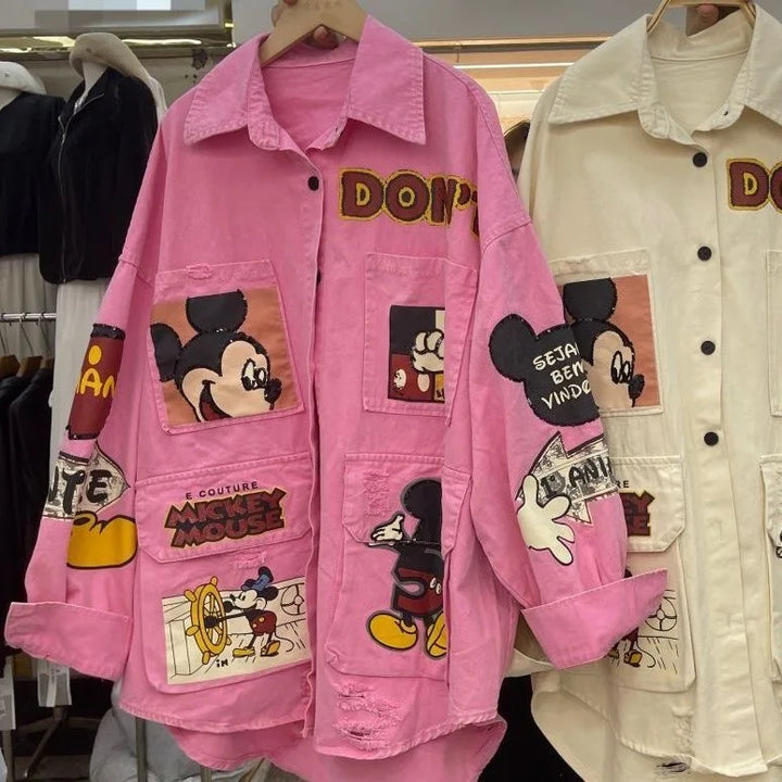 European and American Fashion Brand Outerwear with Cartoon Print Embroidery and Patchwork, Fashionable Loose Jacket 2026