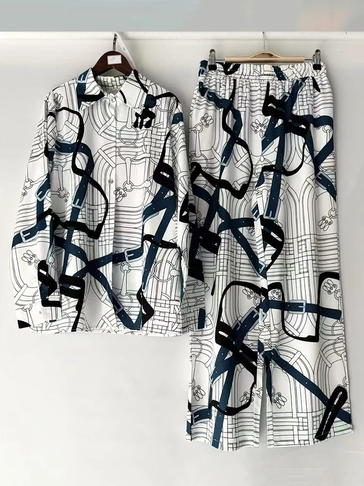 Retro geometric print lapel straight leg shirt two-piece set for 2026 spring women&