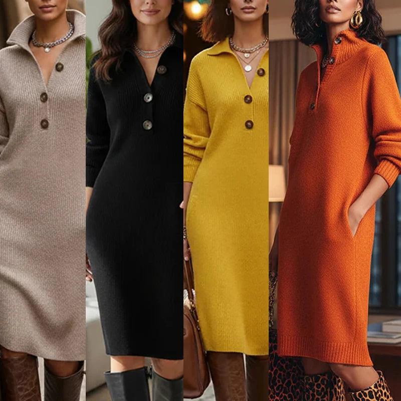 Fall Casual Solid Ribbed Knitted Dresses Woman Lapel Pullover Dress Winter Long Sleeve Sweater Dress Women Party Dresses