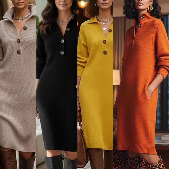 Fall Casual Solid Ribbed Knitted Dresses Woman Lapel Pullover Dress Winter Long Sleeve Sweater Dress Women Party Dresses