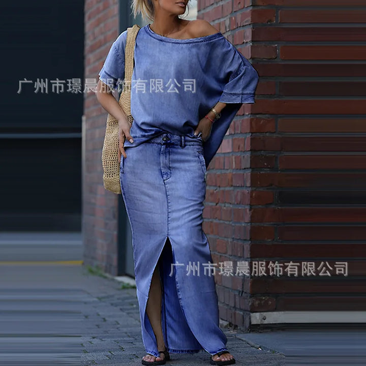 Summer Maxi Skirt Sets Women 2025 Fashion Long Sleeve Loose Tees Tops 2 Pieces Set For Woman Elegant
