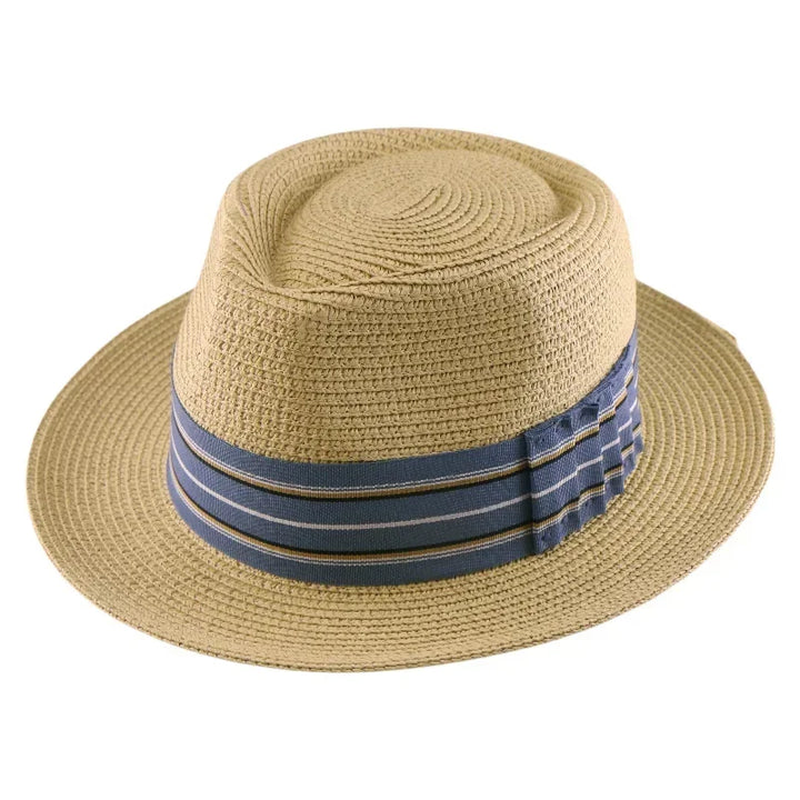 Straw Hat Breathable Braided UV Sun Protection Wide Brim Striped Ribbon Boater for Beach Summer Vacation Outdoor Men Women