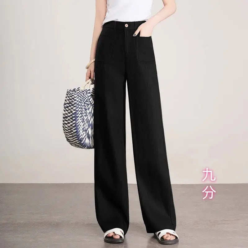 Linen Narrow Straight Leg Pants Women Summer Loose High Waist Casual Wide Leg Cropped Trousers