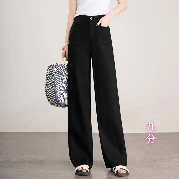 Linen Narrow Straight Leg Pants Women Summer Loose High Waist Casual Wide Leg Cropped Trousers