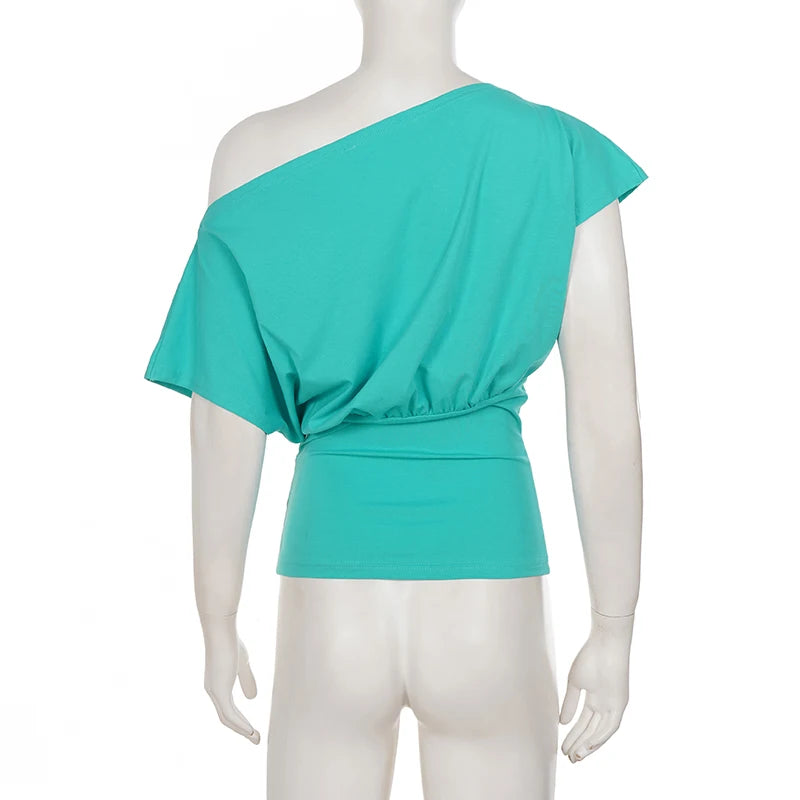 Women’s Off-Shoulder Short Sleeve T-Shirt Casual Slim Fit Summer Top Elegant Solid Color Clothes Fashion Stylish Daily Wear Tee