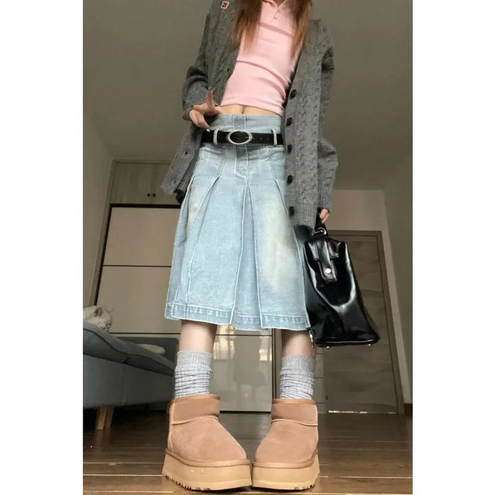 Denim A-shaped Skirt Japanese Retro College Style Women&