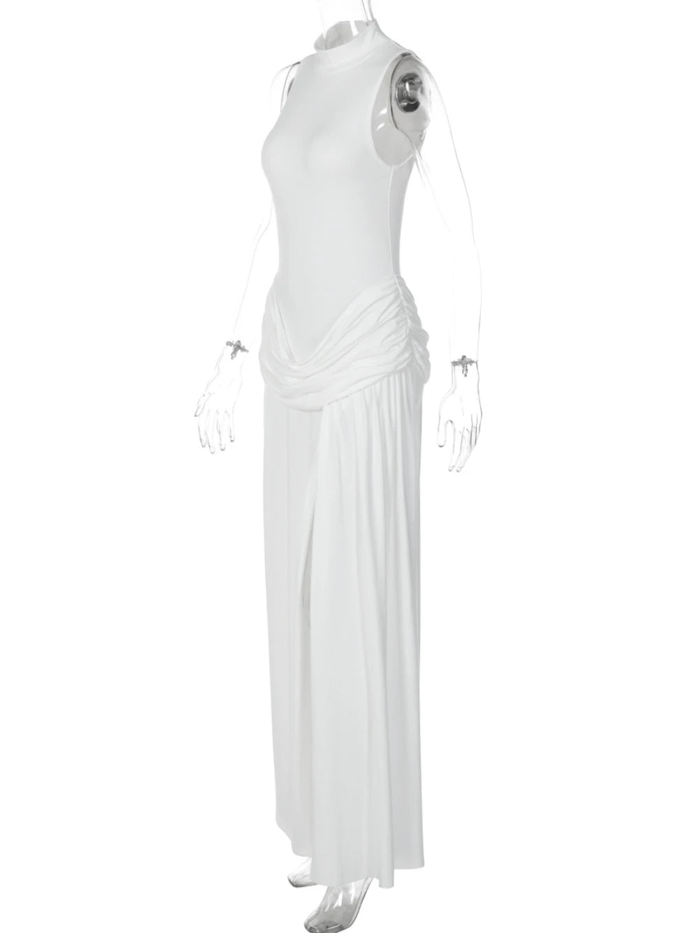 Sexy White High Slit Evening Party Dress High Neck Sleeveless Draped Bodycon Maxi Dress For Women Cocktail Club Date Night