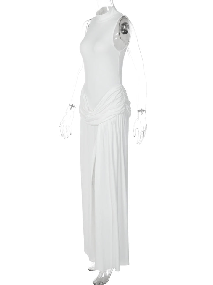 Sexy White High Slit Evening Party Dress High Neck Sleeveless Draped Bodycon Maxi Dress For Women Cocktail Club Date Night