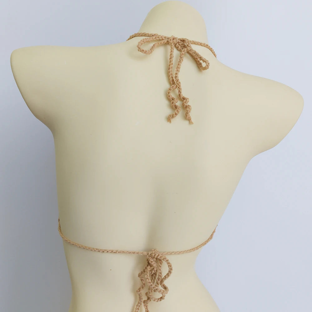 Knitting Crochet Backless Tie Up Top Women&