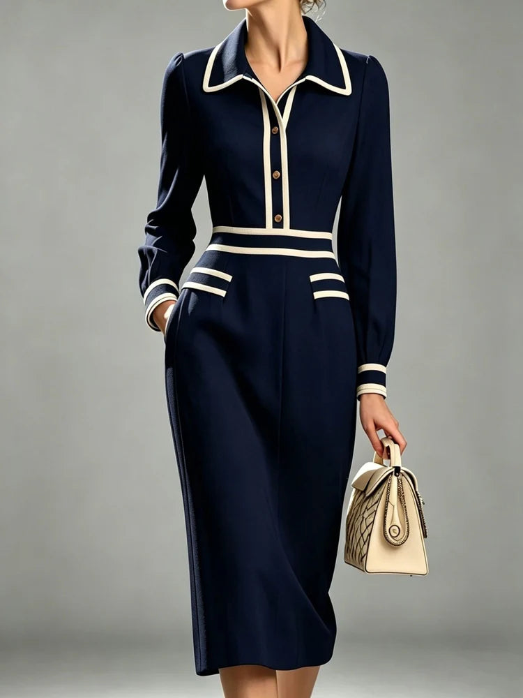 Fall Long Sleeve Party Dress Sexy Contrast Color Turn-down Collar Office Dress Women Casual Button High Waist Slim Bodycon Dress