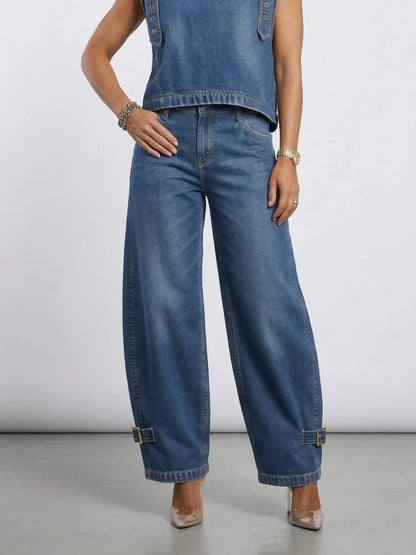 Missuoo 2026 New American Retro Women's Jeans Blue High Waist Curved Wide Leg Denim Trousers with Buckles for Street Style