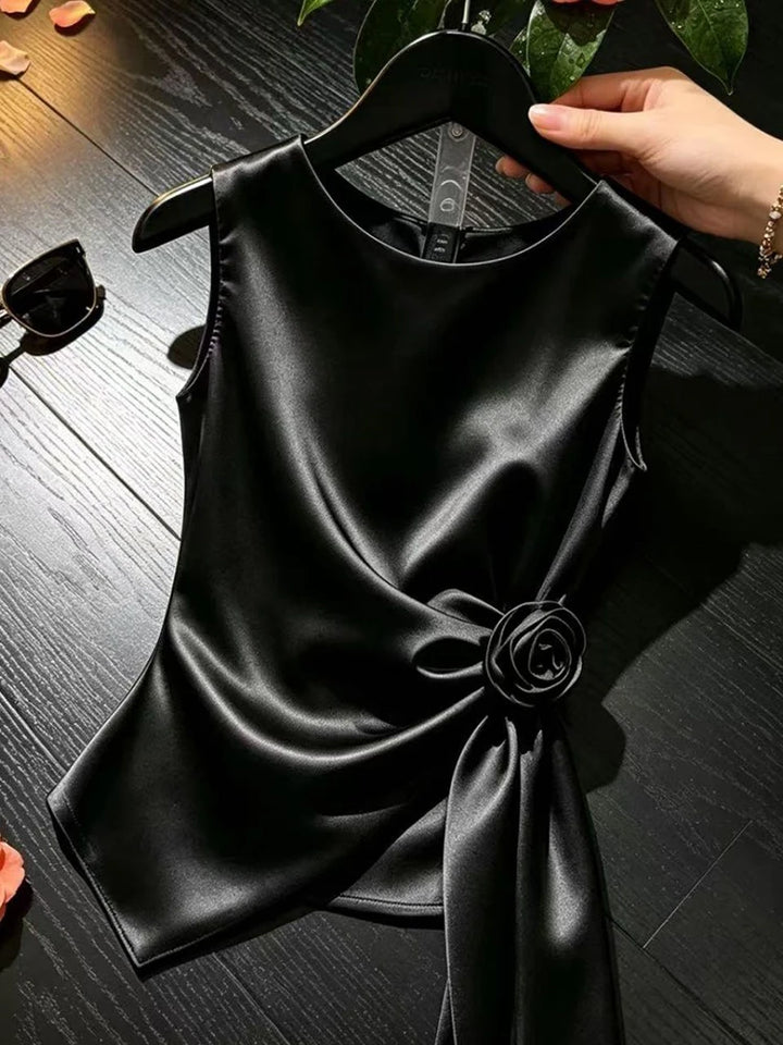 Elegant Chic Satin Tanks Women Slim O Neck 3D Floral Fashion Sexy Tanks Summer Casual Lady Sweet Solid Design Ins Sleeveless Top