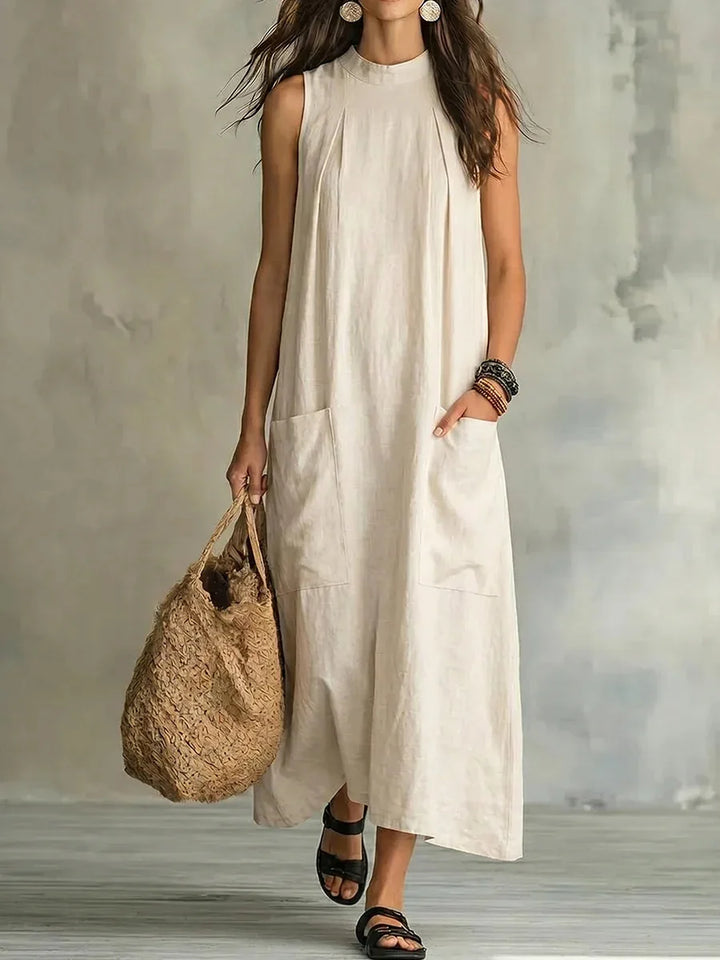 Boho Round Neck Cotton Linen Maxi Dress Women Sleeveless Loose Casual Dress with Side Pockets