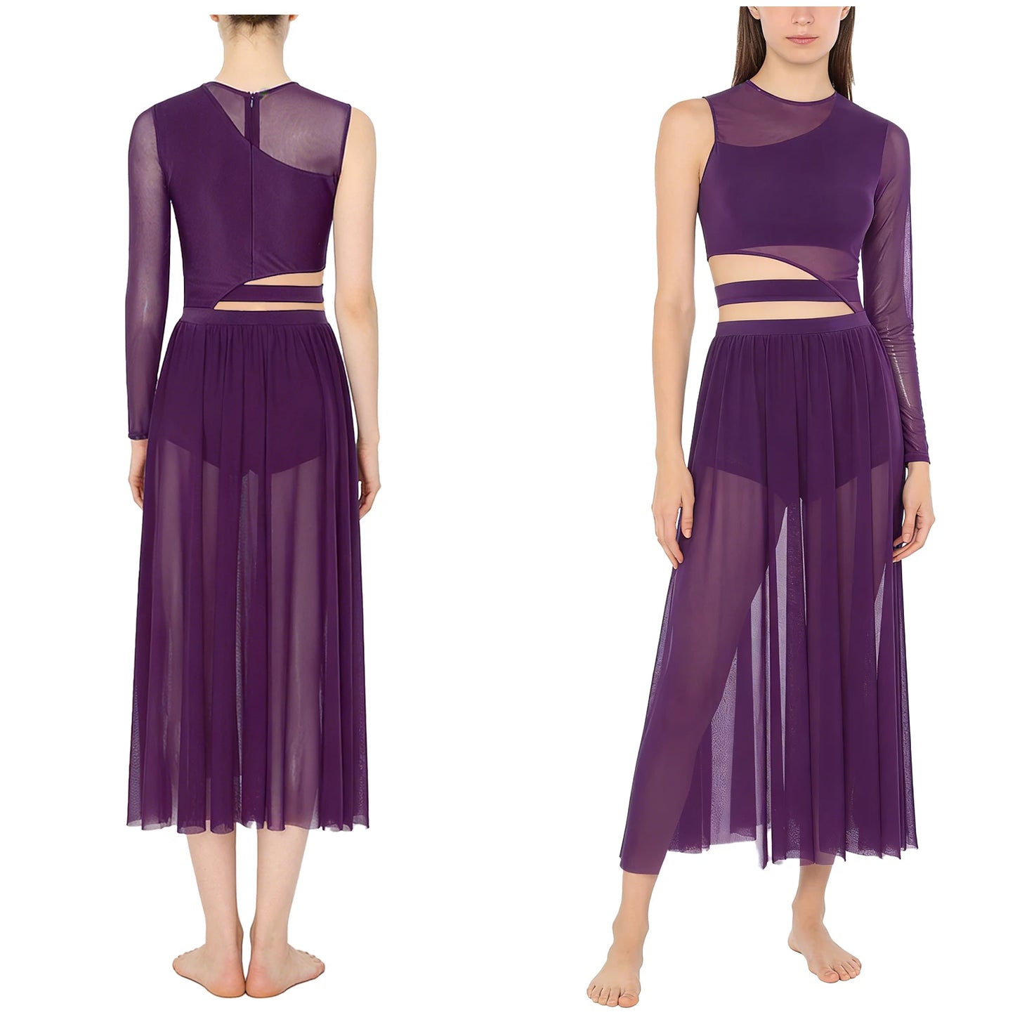 Womens Modern Lyrical Contemporary Dance Costume Cutout Round Neck Dress Side Split Sheer Mesh Dresses Performance Outfits