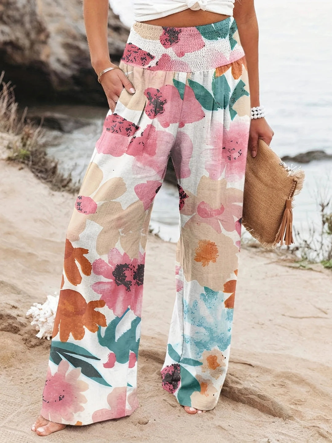 New European and American spring and summer casual wide-leg pants, printed loose-fitting long pants for women, suitable for all