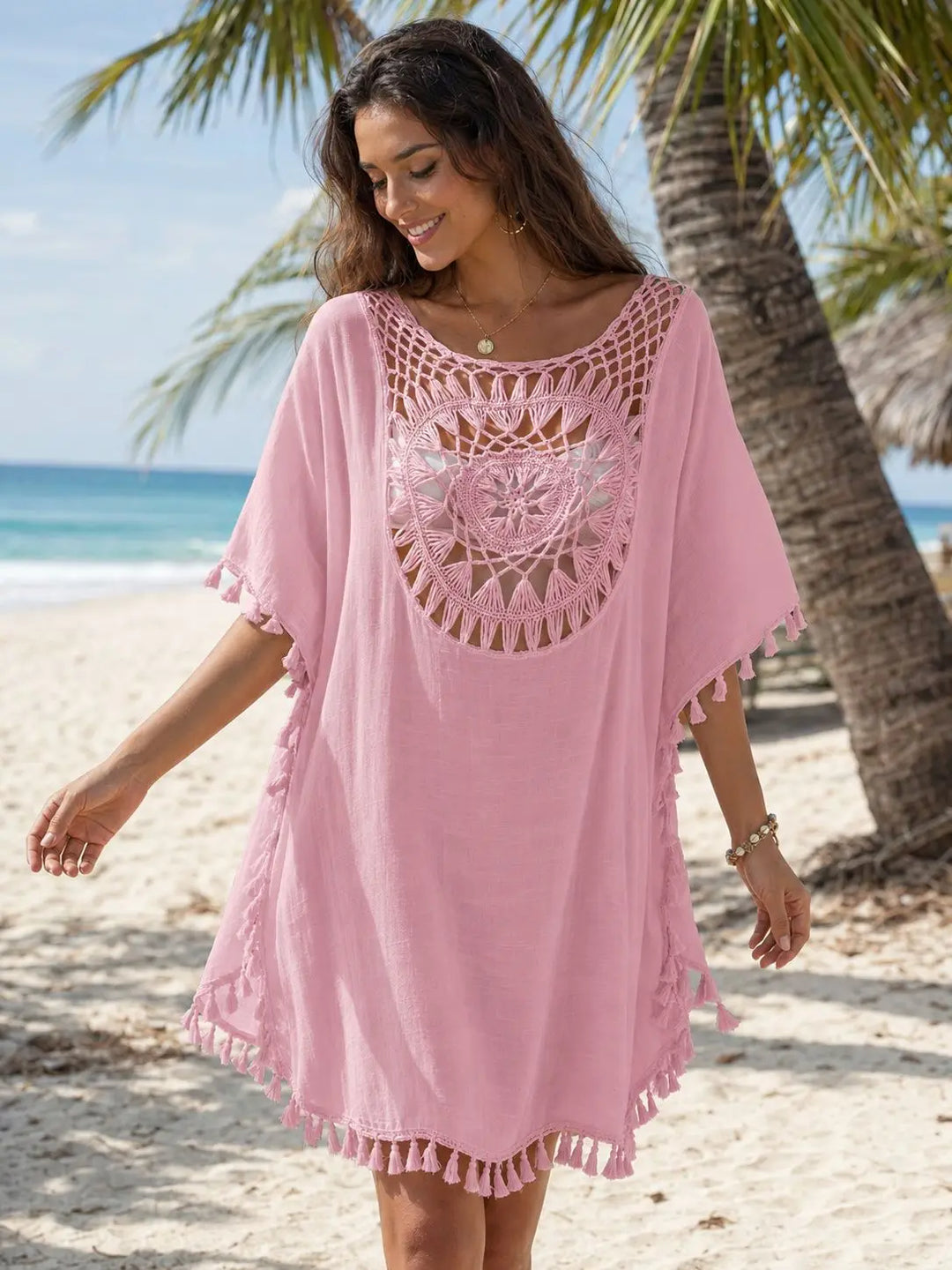 Women Crochet Tassel Beach Cover Up Hollow Out Batwing Sleeve Swim Cover Dress Boho Bikini Swimsuit Cover Up for Vacation