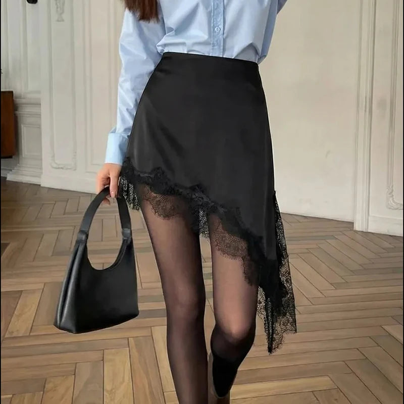 Summer Satin Lace Mini Skirt Women Elegant Irregular Lace Trim MIni Skirt Vintage Elastic Waist Flowy A Line Mini Skirts Y2k