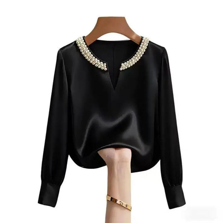 Pearl V-neck Silk Satin Top Women Luxury Elegant Long Sleeve T Shirt Commuter Loose Casual Basic Tees Chic Work Wear