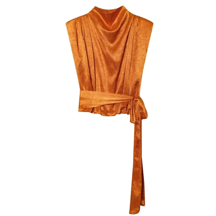 Satin Shawl Collar Sleeveless Crop Top, Women&