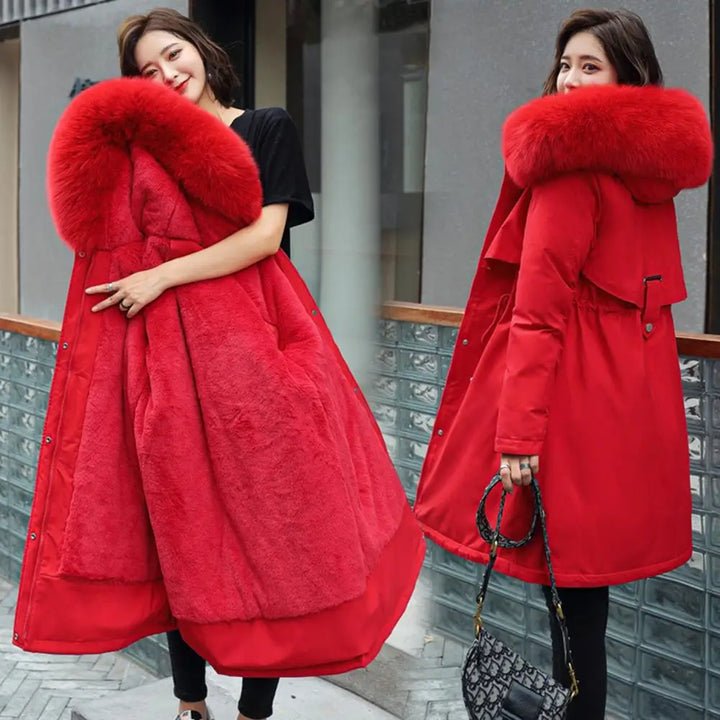Winter Women Jacket Furry Hood Cotton Jacket Plus Size Zipper And Button Closure Plush Lining Cotton Coat Windproof Warm Coat