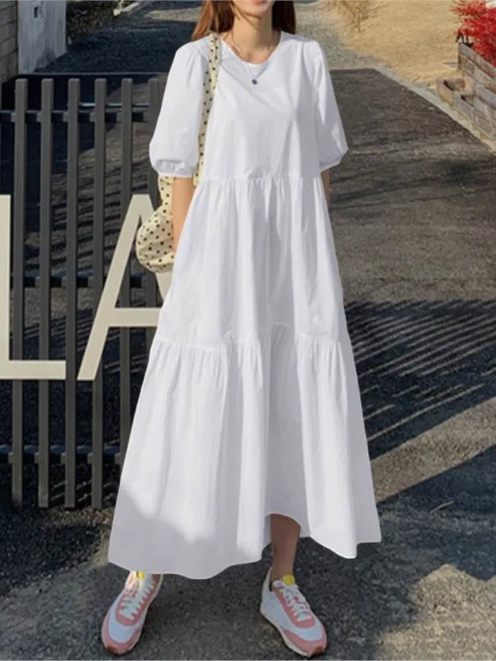 Elegant Red White Dress Women Sundress 2024 Summer Loose Casual Short Sleeve Maxi Vestidos Female O-neck Simples Robe Femme