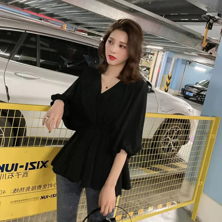 V Neck Tops For Women Pattern Chiffon Womens Shirt &amp; Blouse Loose Clothes Aesthetic M Tall Fine Elegant 2025 Comfortable Y2k S