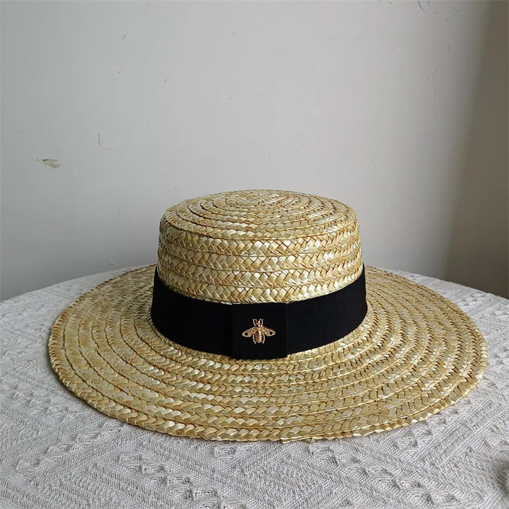 Ladies Straw Hat Sun Fedora Hats Hepburn hat Shiny European American Retro Gold Braided Female Sunshade Flat Sequins Hat gorras