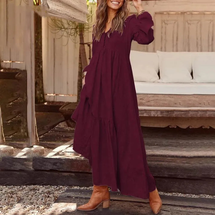 Cotton And Linen Vintage Style Long Dress For Women Casual V Neck Long Sleeve Loose Maxi Dresses Female Elegant Women&