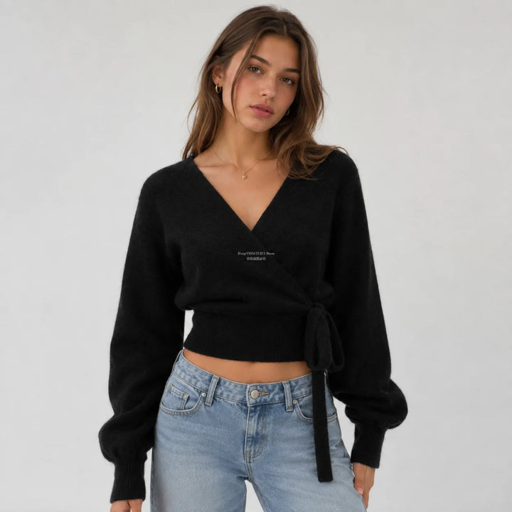 Knit Sweater Women V Neck Pullover Sweaters Long Sleeve Elegant Sweater Lace Up Long Sleeve Sweater Autumn Winter Knitwear Top