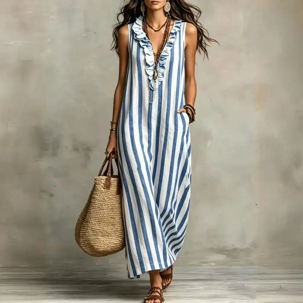 Women Striped Cotton Linen Maxi Dress Sleeveless Ruffle V Neck Long Dress Boho Beach Flowy Sundress with Pockets Elegant Women D