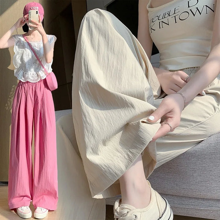 Spring Summer Women Loose Wide Leg Pants Casual Elastic Waist Straight Long Wide Leg Pants Female Casual Female Pants Trousers