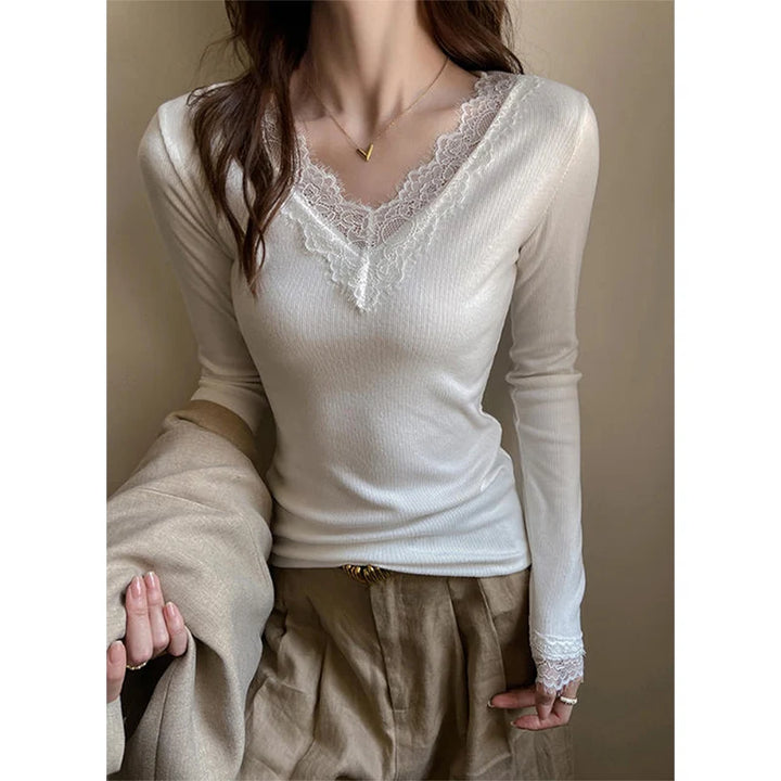 Sexy V-Neck Long Sleeve T-Shirt Women Fashion Lace Patchwork Solid Color Bottoming Shirt Spring Autumn Stretch Slimming Base Tee