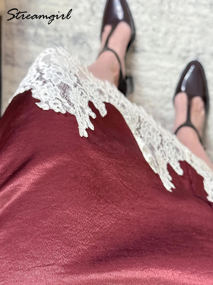 Streamgirl Midi Lace Satin Skirts Women Spring Summer High Waist Straight Burgundy Skirts With Lace For Women Office Wear Skirt
