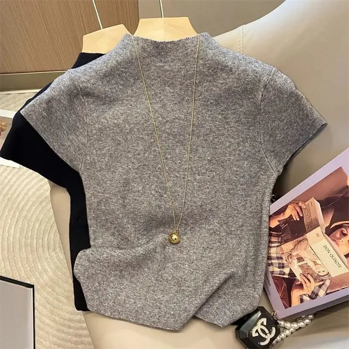 Knitted 2025 New Basic Sweaters Fashion Women Turtleneck Solid Thin Short Sleeve Slim Pullovers Streetwear Bodycon Sweater