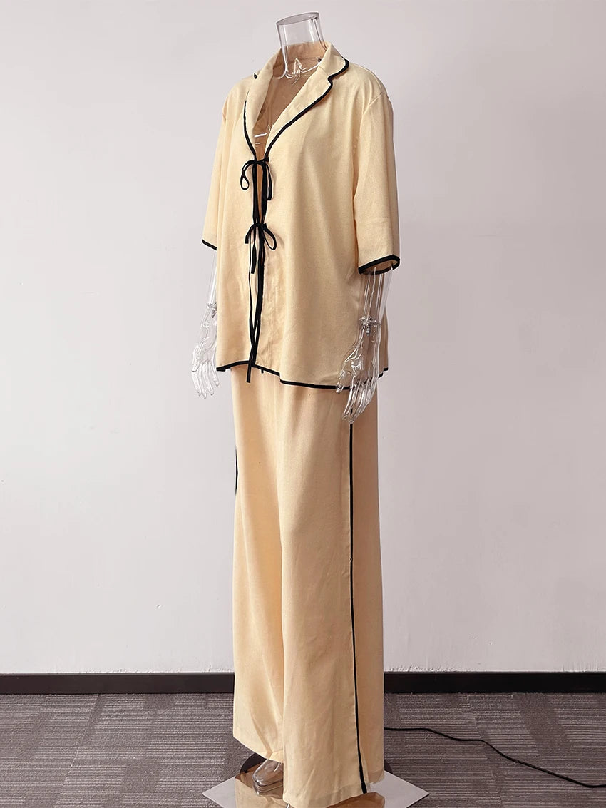 WXOY Women Linen Preppy Pjs Pajama 2 Piece Set Comfy Short Sleeve Tie Front Top Wide Leg Pants Relaxed Fit Loungewear
