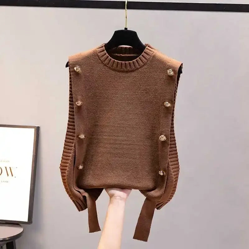 Black Knit Tops For Woman Red Winter Button Round O Neck Women&
